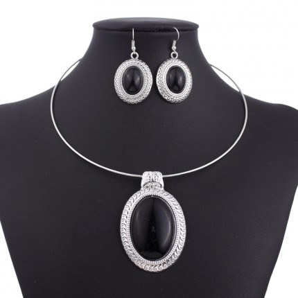 Набор Овал черный агат серьги ожерелье (TL9168)