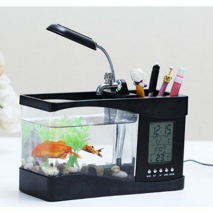Настольный USB-аквариум с часами и термометром Черный