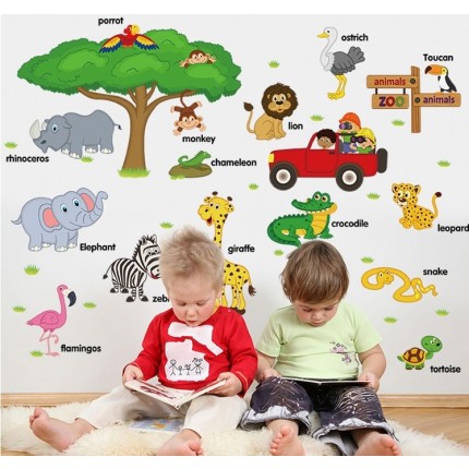 Детская интерьерная наклейка на стену Зооапарк на английском SK9084