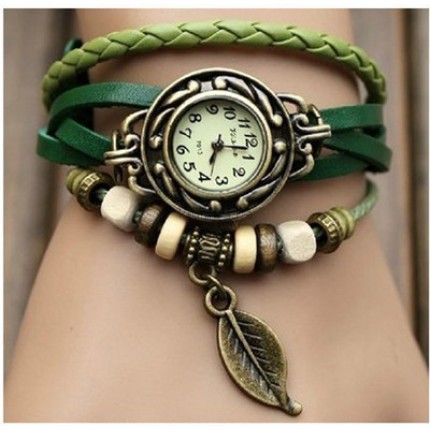 Часы-браслет с подвеской листик зеленые