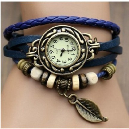 Часы-браслет с подвеской листик синие