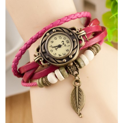 Часы-браслет с подвеской листик темно-розовые