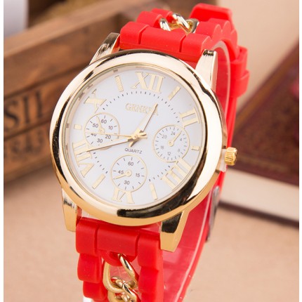 Часы Женева с силиконовым ремешком и цепочкой Красные