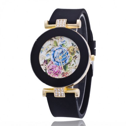 Часы женские Витражные цветы силиконовы ремешок черные 066-03