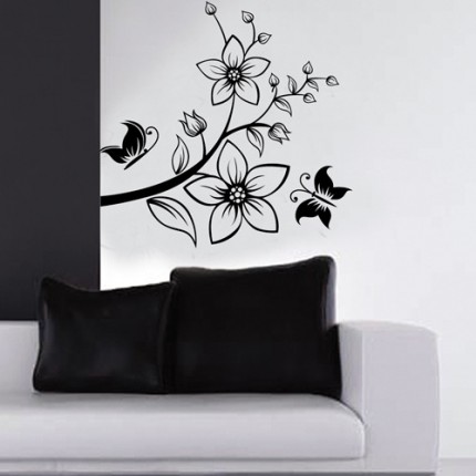 Интерьерная наклейка на стену черно-белая Бабочки и Цветы (JM7081)