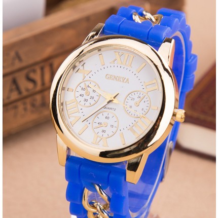 Часы Женева с силиконовым ремешком и цепочкой Синие