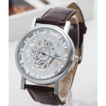 Часы мужские Скелетон серебристые с коричневым ремешком